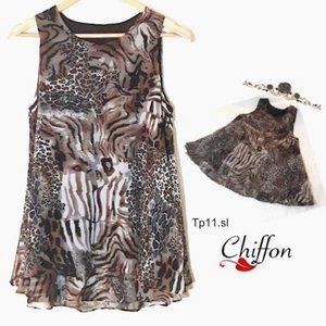 Silky Soft Chiffon Tunic Top Round Neck Brown Black Animal Print Sleeveless, M